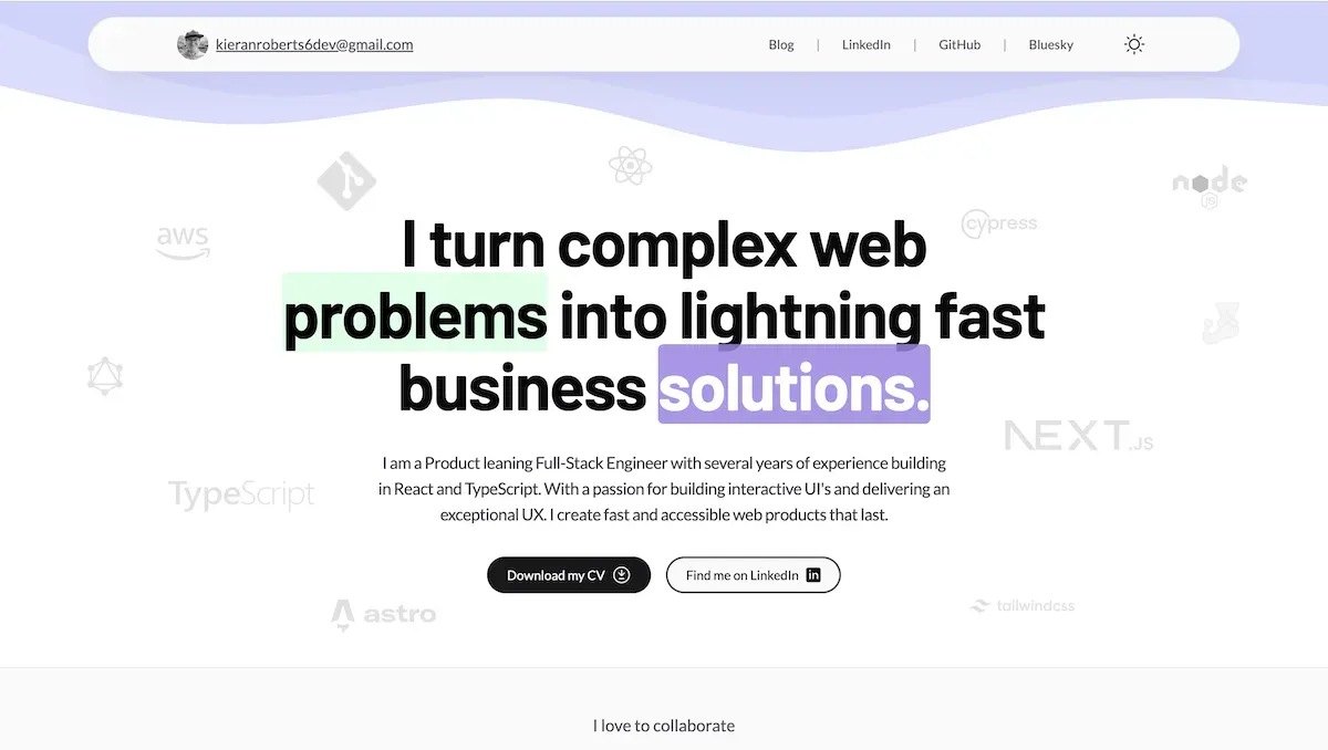 kieranroberts.dev home page hero section